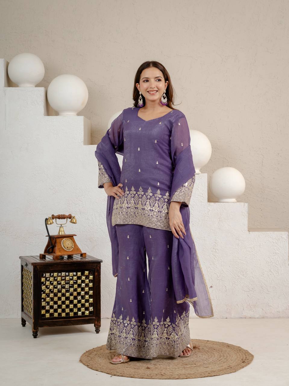 Elegant Lavender Embellished Kurta and Flared Sharara Set Featuring Intricate Silver Zari Embroidery and a Sheer Matching Dupatta